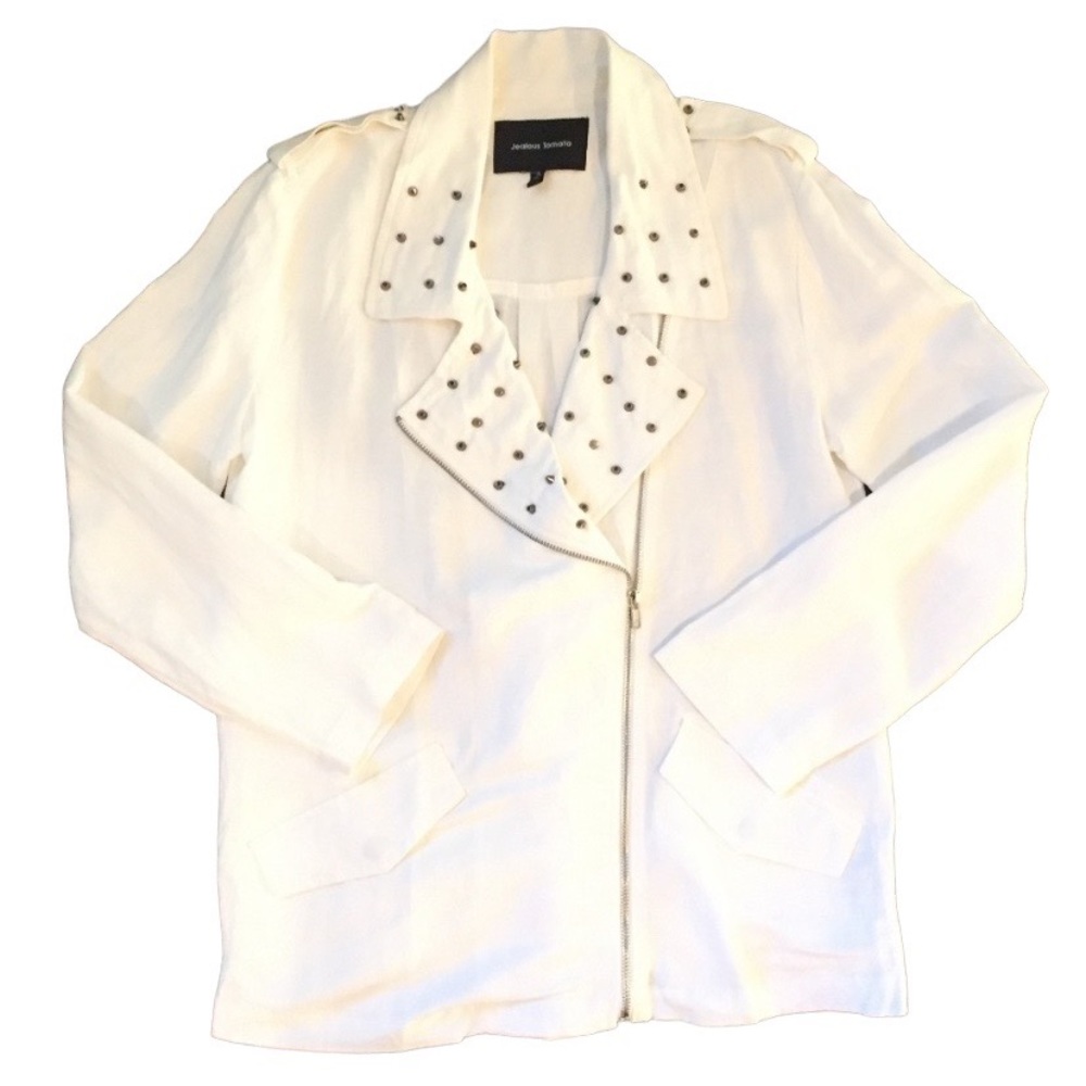 Jealous Tomato Oversized Linen Studded Collar White Jacket Small